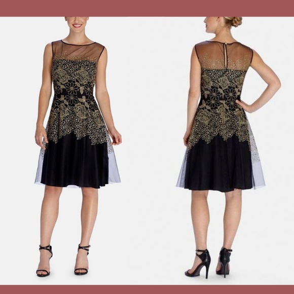 NEW Tahari 'Edwin' Embroidered‎ Mesh Fit & Flare Dress Black & Gold [Sz 4P ] - Picture 1 of 4